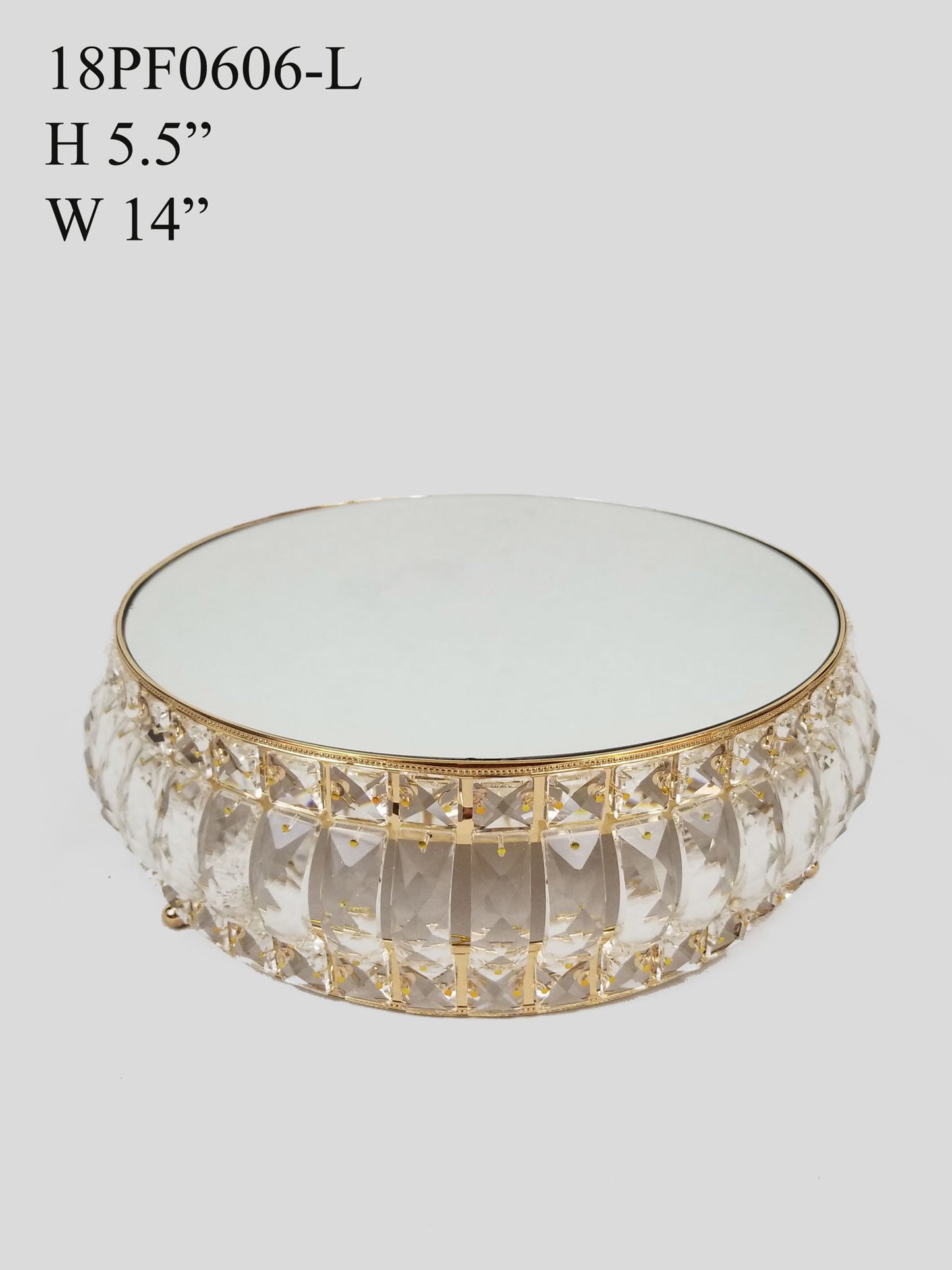 18PF0606-L - 14" Round Gold Cake Stand Crystal Beaded with Mirror Topped