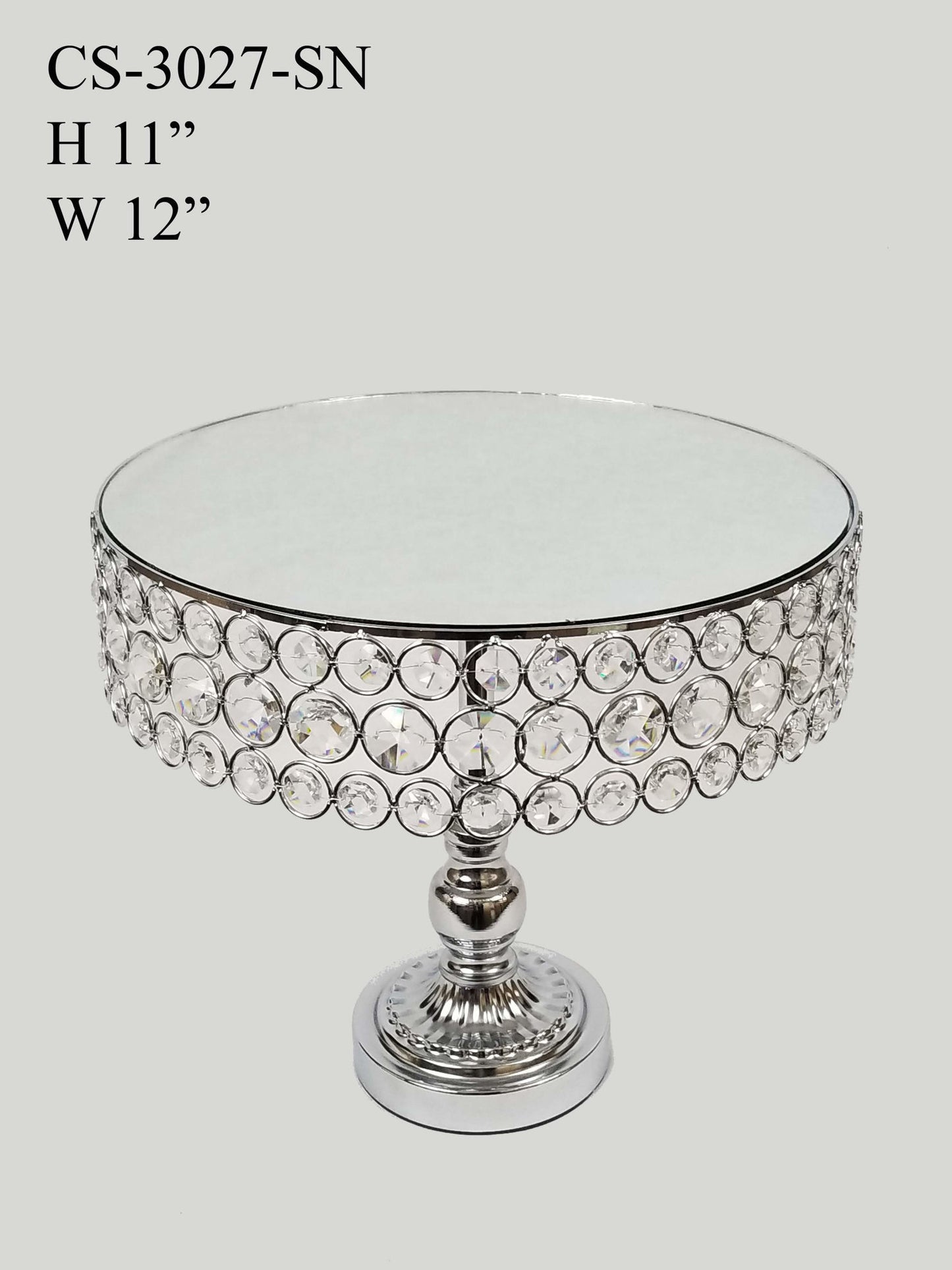 CS-3027-SN - 12" Silver Sparkling Crystal Beaded Cake Stand with Mirrored Top