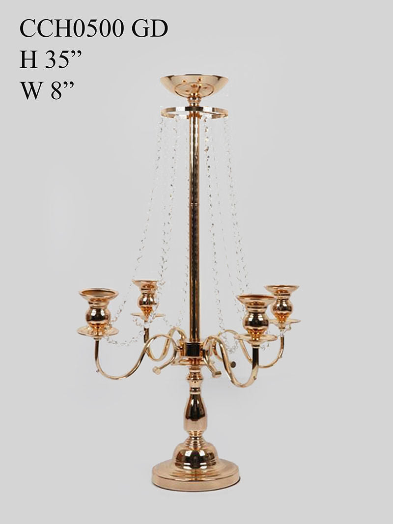 CCH0500 Gold - Tall Metal 4 Arms Candle Holder Chandelier Style With Flower Holder