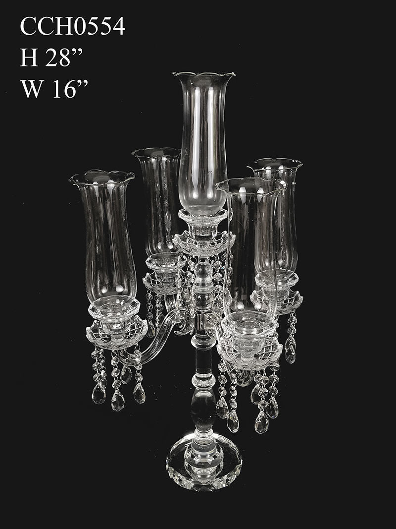 CCH0554 - Tall 5 Arm Premium Gem Cut with Hurricane Taper Crystal Glass Candle Holder 28"