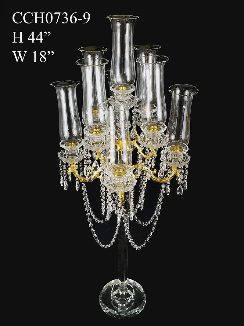 CCH0736-9 - Tall 9 Arm Premium Gem Cut with Hurricane Taper Crystal Glass Candle Holder 44"