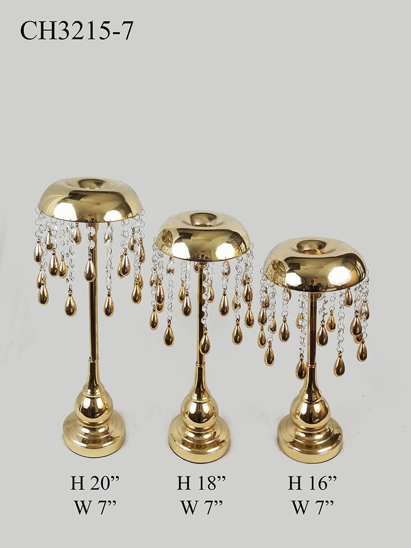 CH3215-7 Gold - Set of 3 Metal Candle Holder with hanging Crystal and Tear Drop Pendant