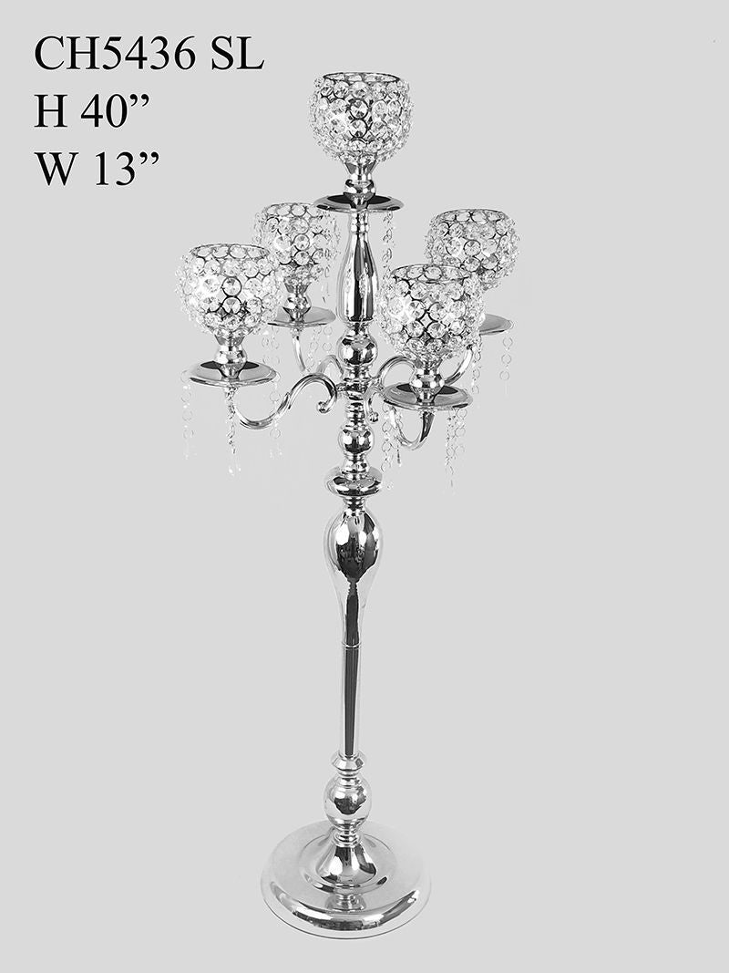 CH5436 SL - Silver Tall 5 Arm Gold Crystal Beaded Globe Metal Candelabra Candle Holder Set