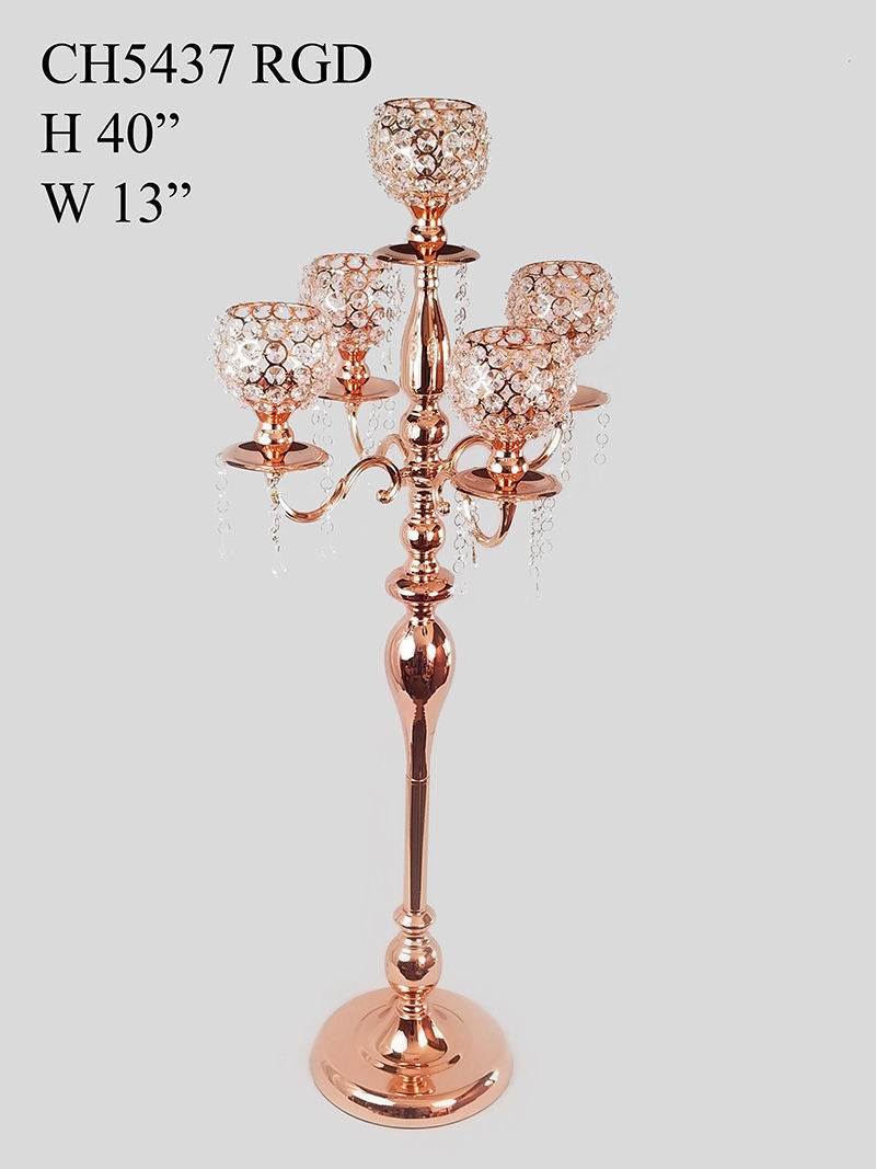 CH5437 RGD - Rose Gold Tall 5 Arm Gold Crystal Beaded Globe Metal Candelabra Candle Holder Set 40"
