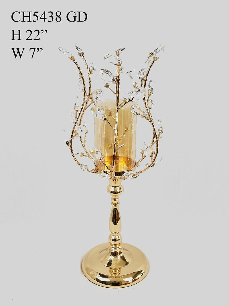 CH5438 Gold - Candle Holder With Flower Crystal Design and Hurricane Glass Tube