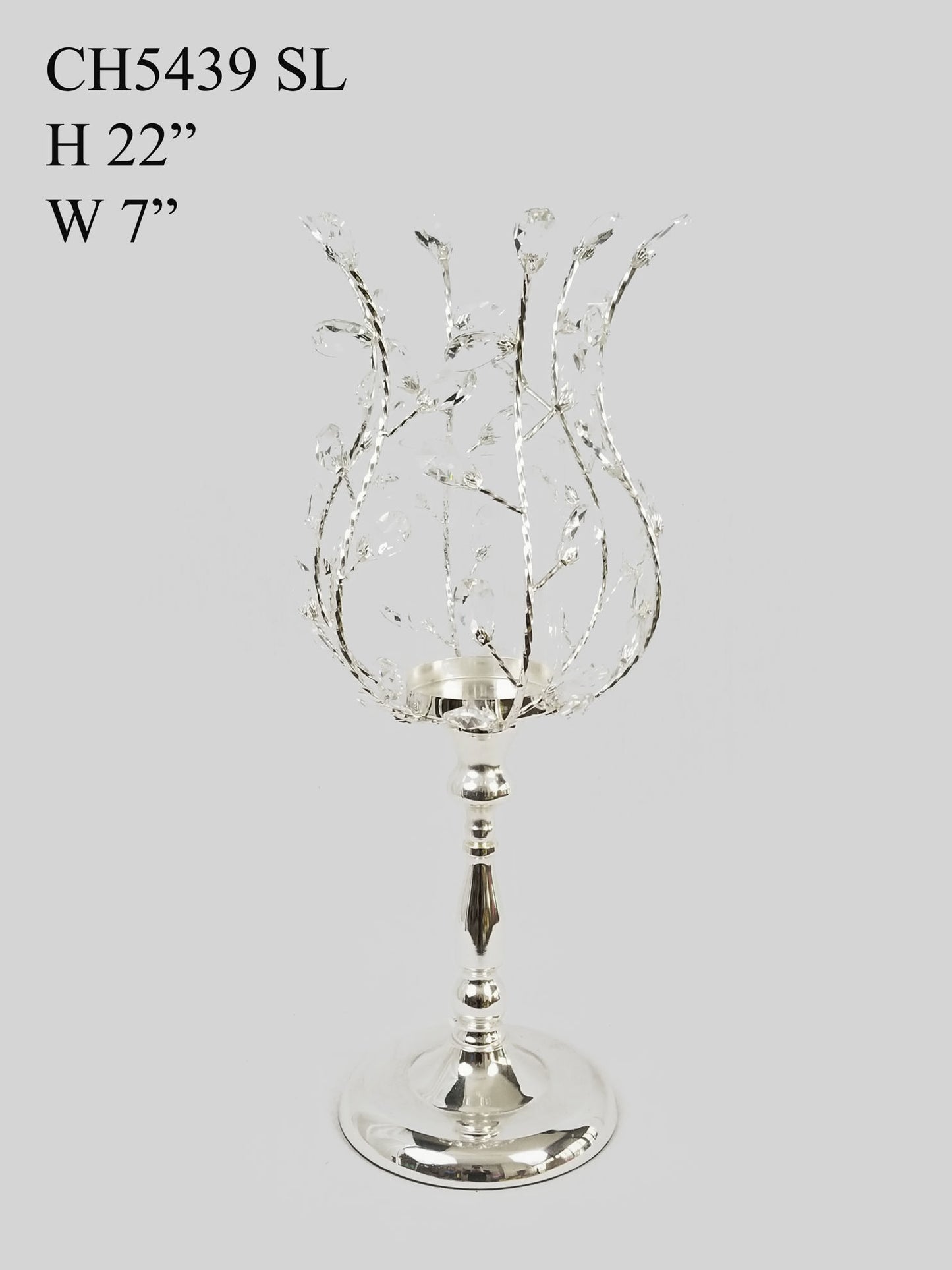 CH5439 SIlver - Candle Holder With Flower Crystal Design and Hurricane Glass Tube