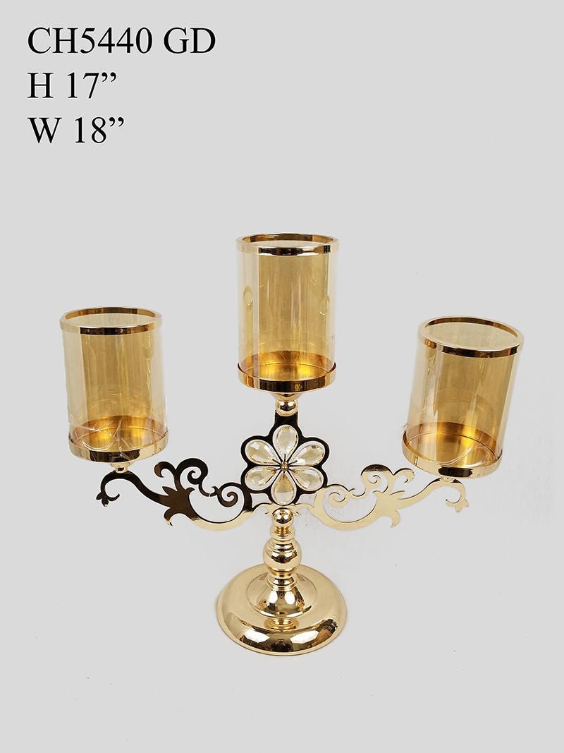 CH5440 Gold - Trio Hurricane Glass Candle Holder With Flower Crystal Design