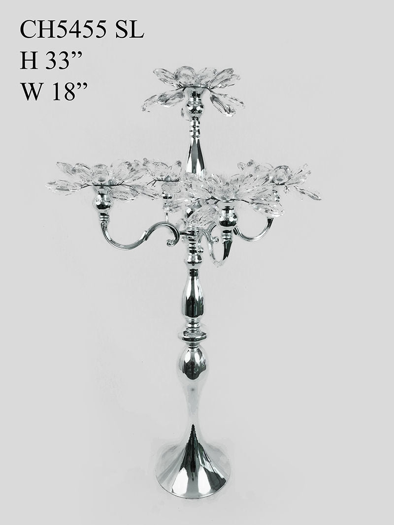 CH5455 Silver - Tall 5 Arm Gold Crystal Flower Head Metal Candelabra Candle Holder
