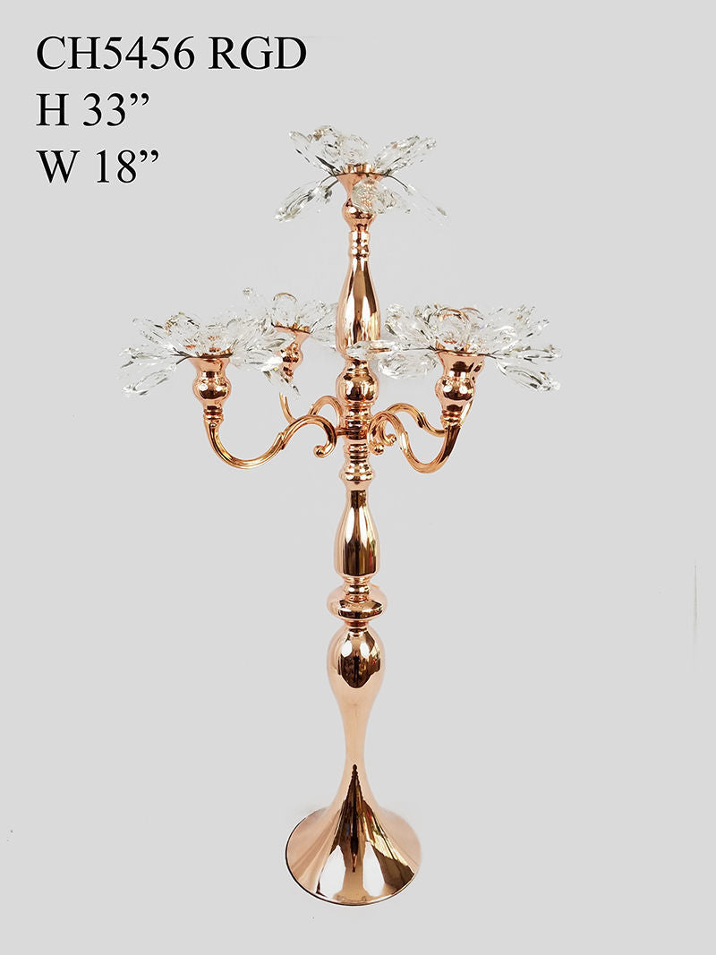 CH5456 Rose Gold - Tall 5 Arm Gold Crystal Flower Head Metal Candelabra Candle Holder
