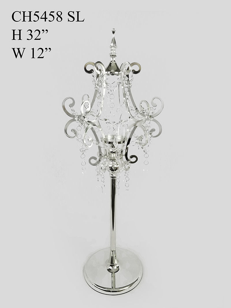 CH5458 Silver - Candle Holder With Pentagon Crystal Design and Hurricane Glass Tube
