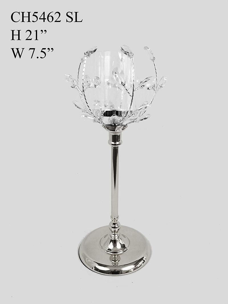 CH5461 Silver - Candle Holder With Flower Crystal Design and Hurricane Glass Tube