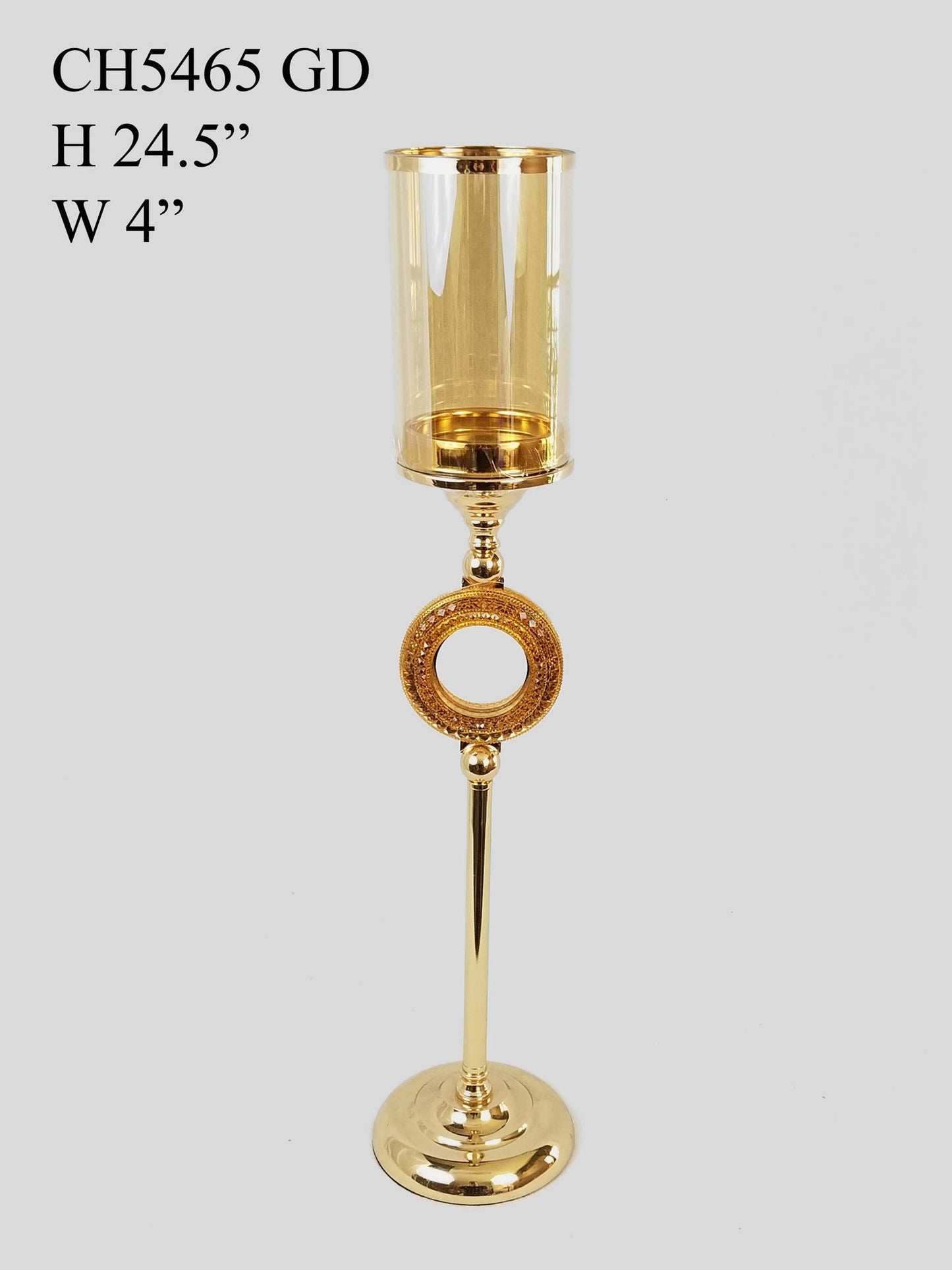 CH5465 Gold - Candle Holder With Circle Crystal Design and Hurricane Glass Tube