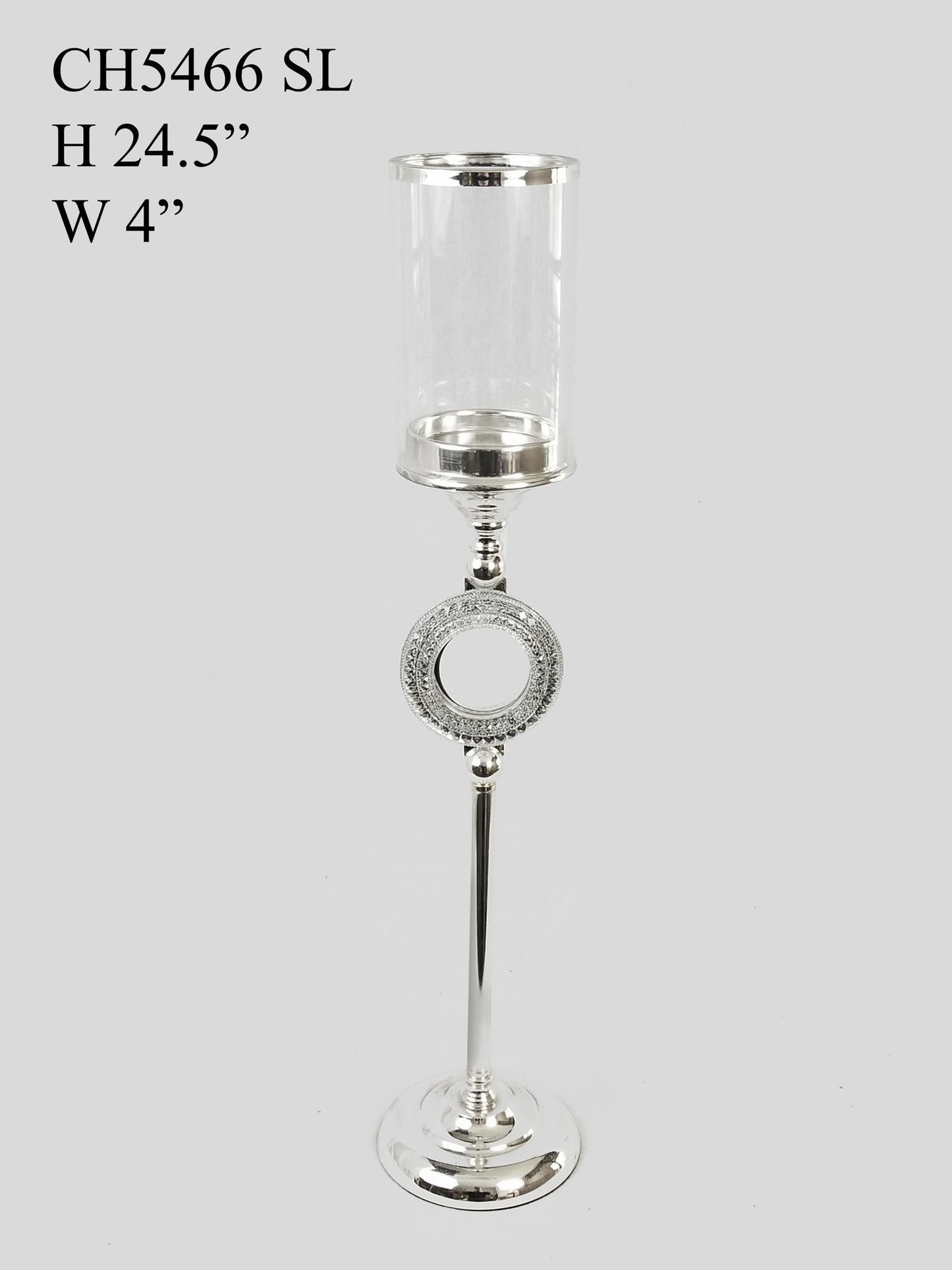 CH5466 Silver - Candle Holder With Circle Crystal Design and Hurricane Glass Tube