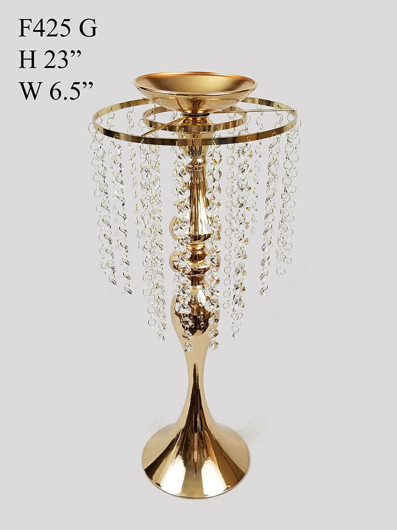 F425 G - Metal Flower Stand with Crystal Chain Flower Diamond Pendant Chandelier Stand 23"