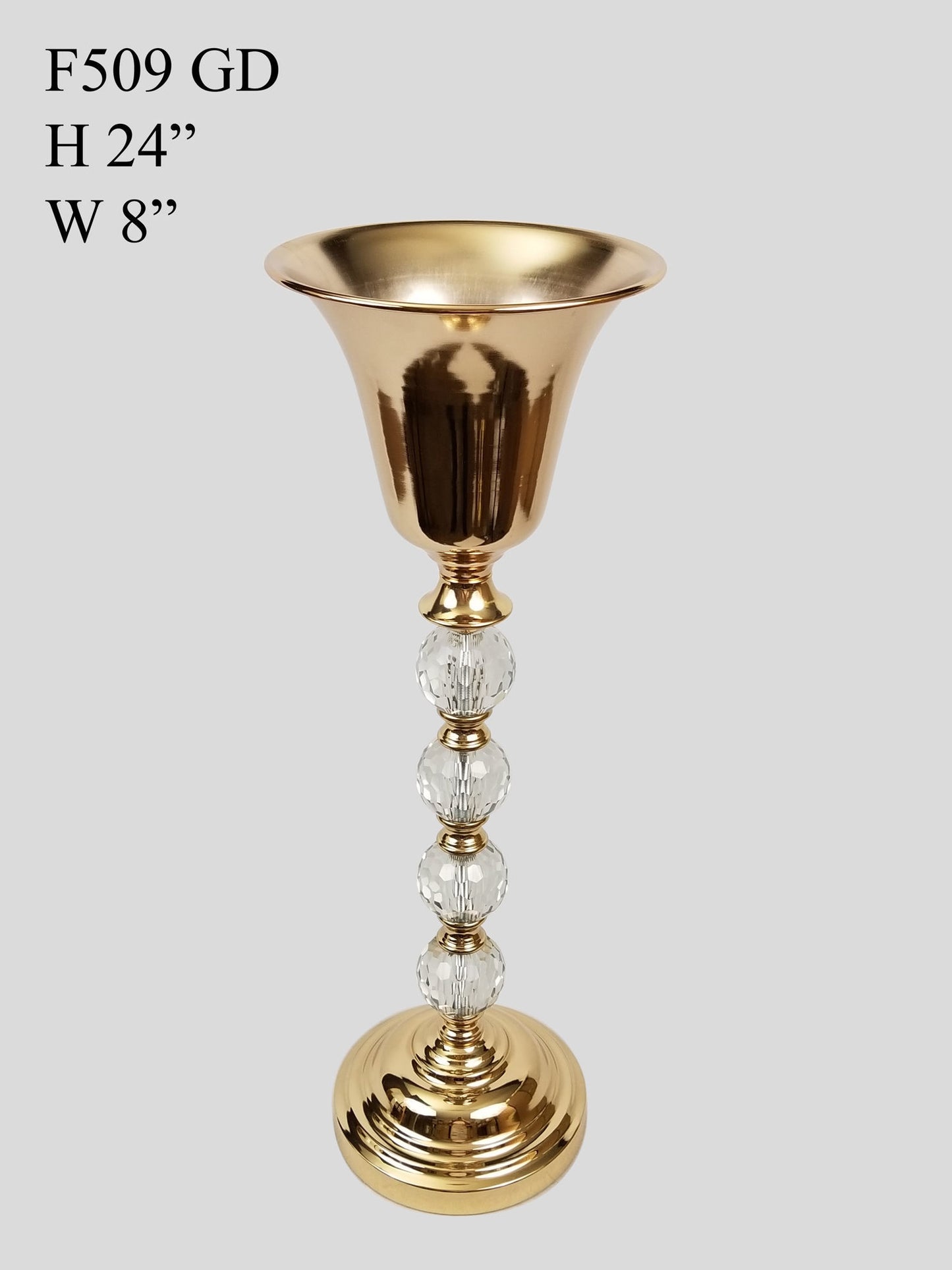 F509 GD - Gold Metallic Pillar Flower Stand and Goblet With Clear Crystal Balls 24"