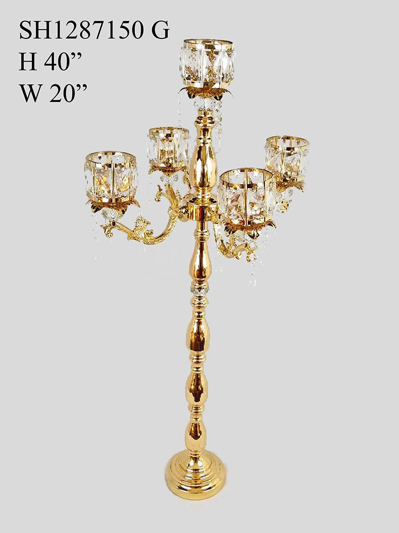 SH1287150 Gold - Tall Metal Candelabra 4 Crystal Arms and 1 Crystal Flower Riser 40"
