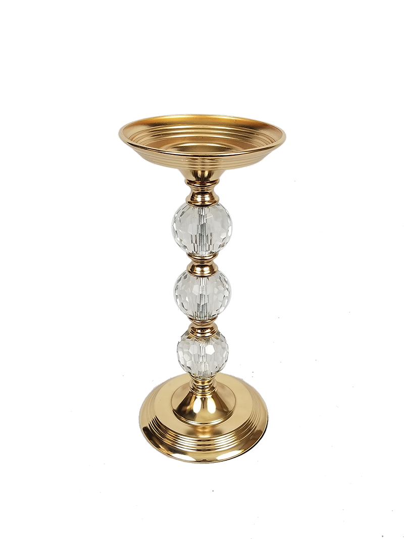 F542-3G - Gold Metallic Pillar Flower and cadle Stand With Clear Crystal Ball 14"