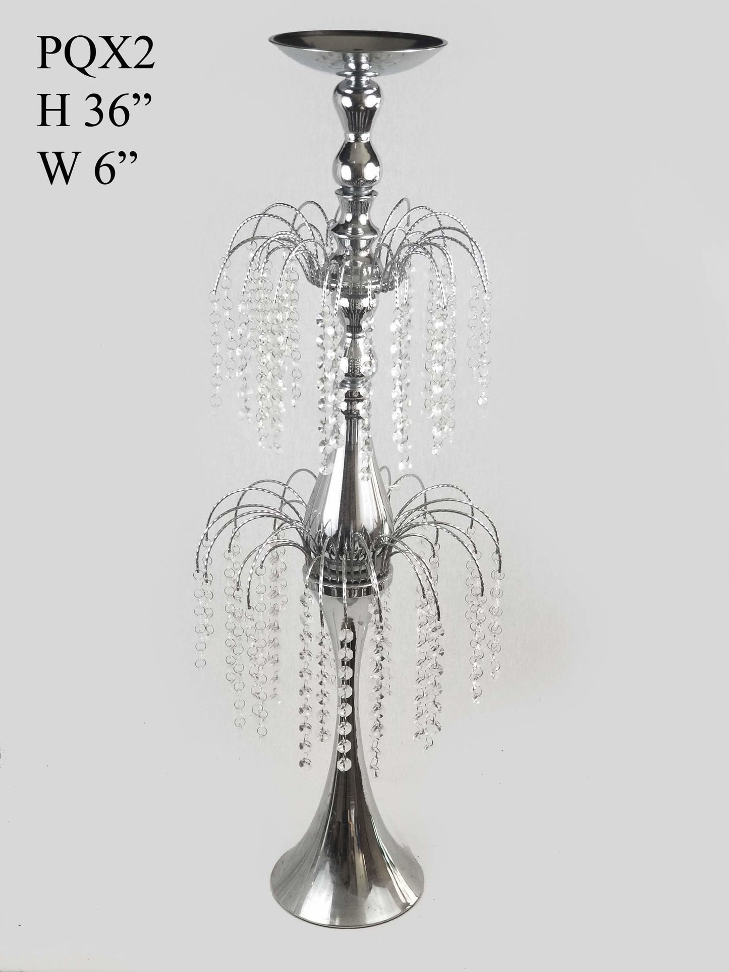 PQX2 - Silver Metal Flower Stand with Two Tier Crystal Chain Chandelier Stand 36"