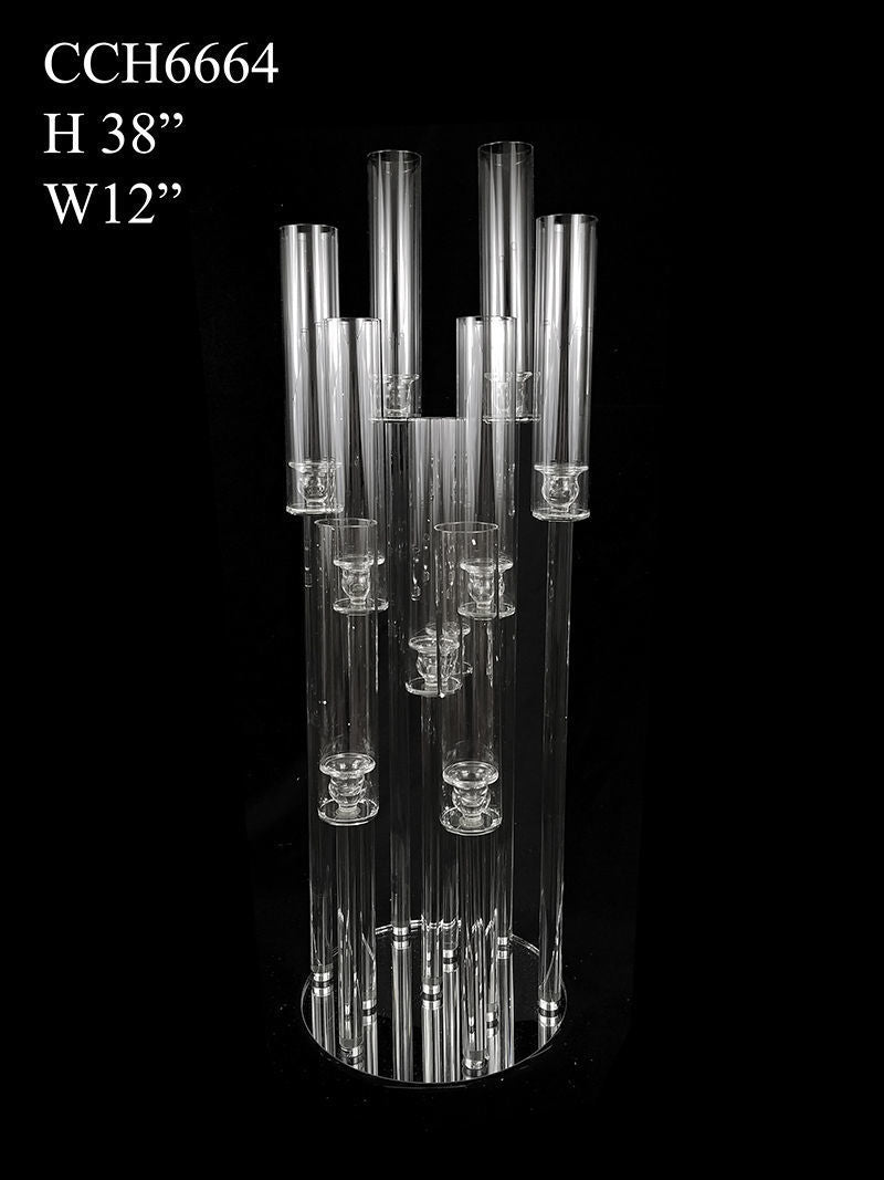 CCH6664 - 10 Head Candlestick Holders with Hurricane Tubes Wedding Table Centerpiece 38"