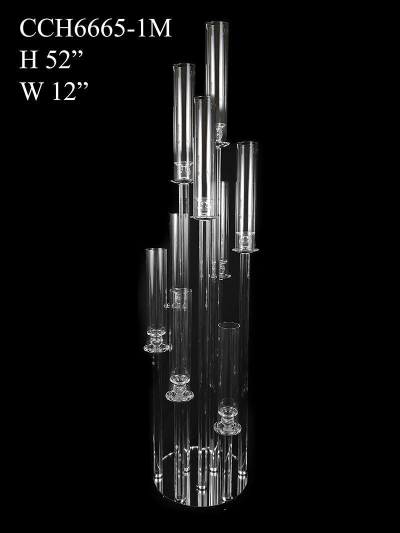 CCH6665-1M - 9 Head Candlestick Holders with Hurricane Tubes Wedding Table Centerpiece 52"