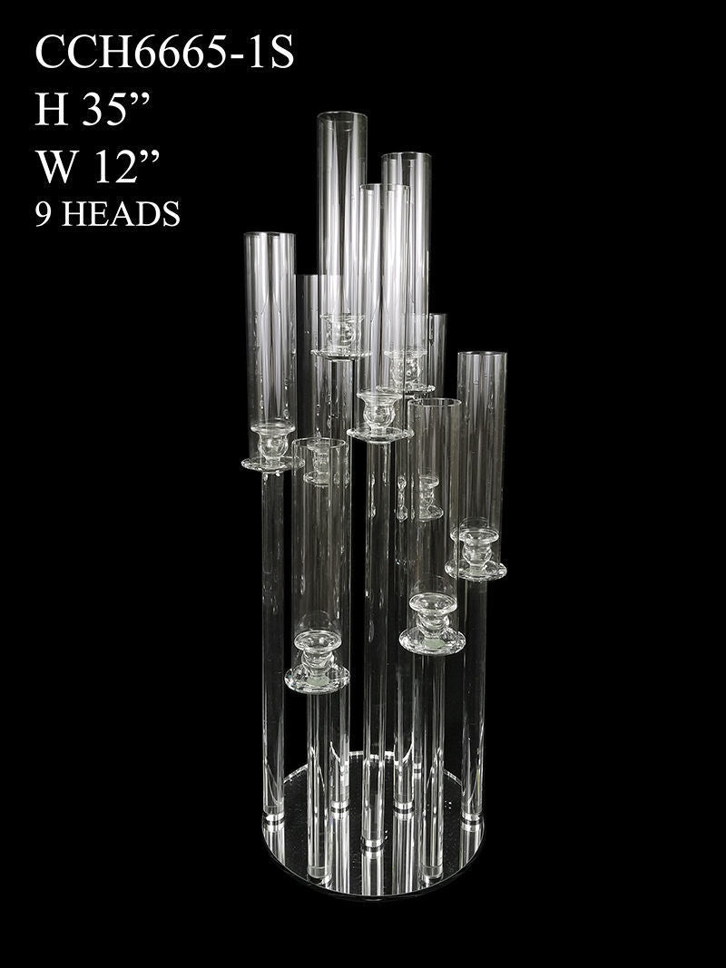 CCH6665-1S - 9 Head Candlestick Holders with Hurricane Tubes Wedding Table Centerpiece 35"