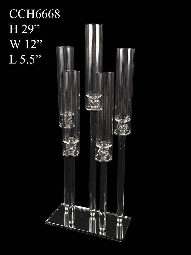 CCH6668 - 5 Head Candlestick Holders with Hurricane Tubes Wedding Table Centerpiece 38"
