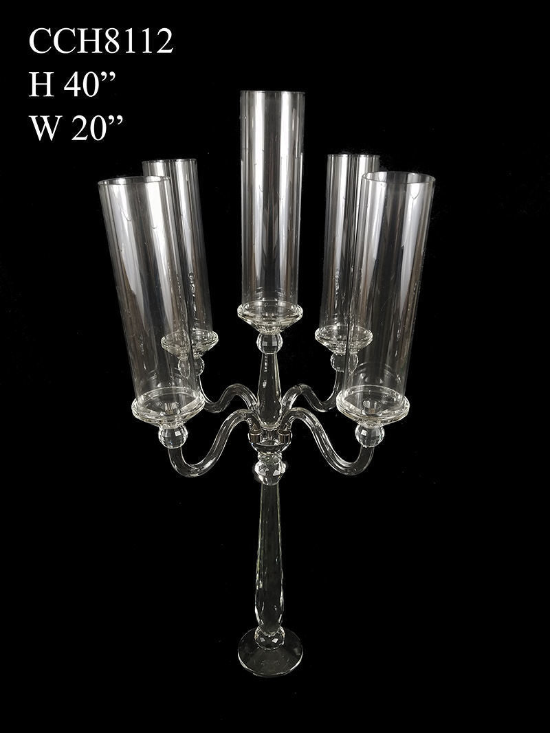 CCH8112 - Tall 5 Arm Premium Gem Cut with Hurricane Tube Crystal Glass Candle Holder 40"