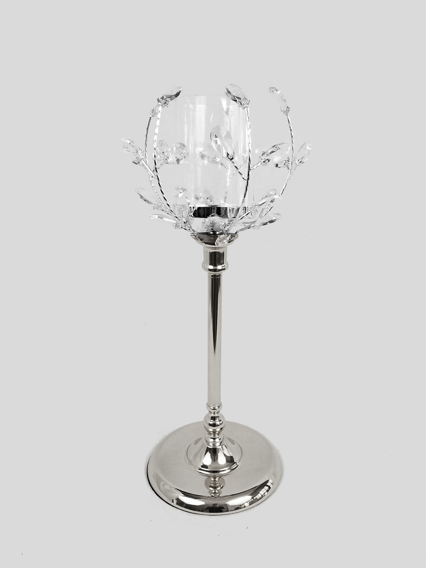 CH5461 Silver - Candle Holder With Flower Crystal Design and Hurricane Glass Tube