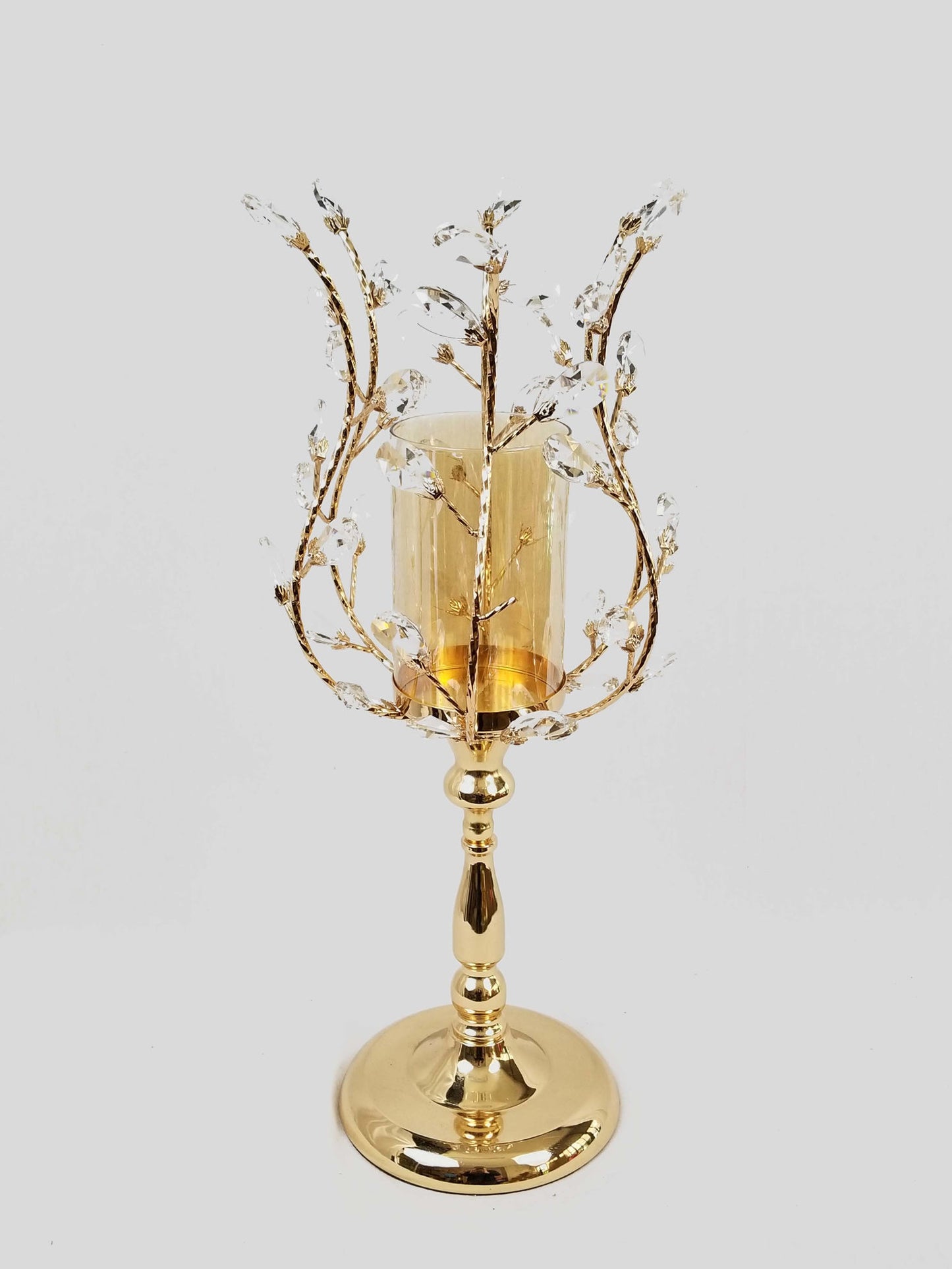 CH5438 Gold - Candle Holder With Flower Crystal Design and Hurricane Glass Tube