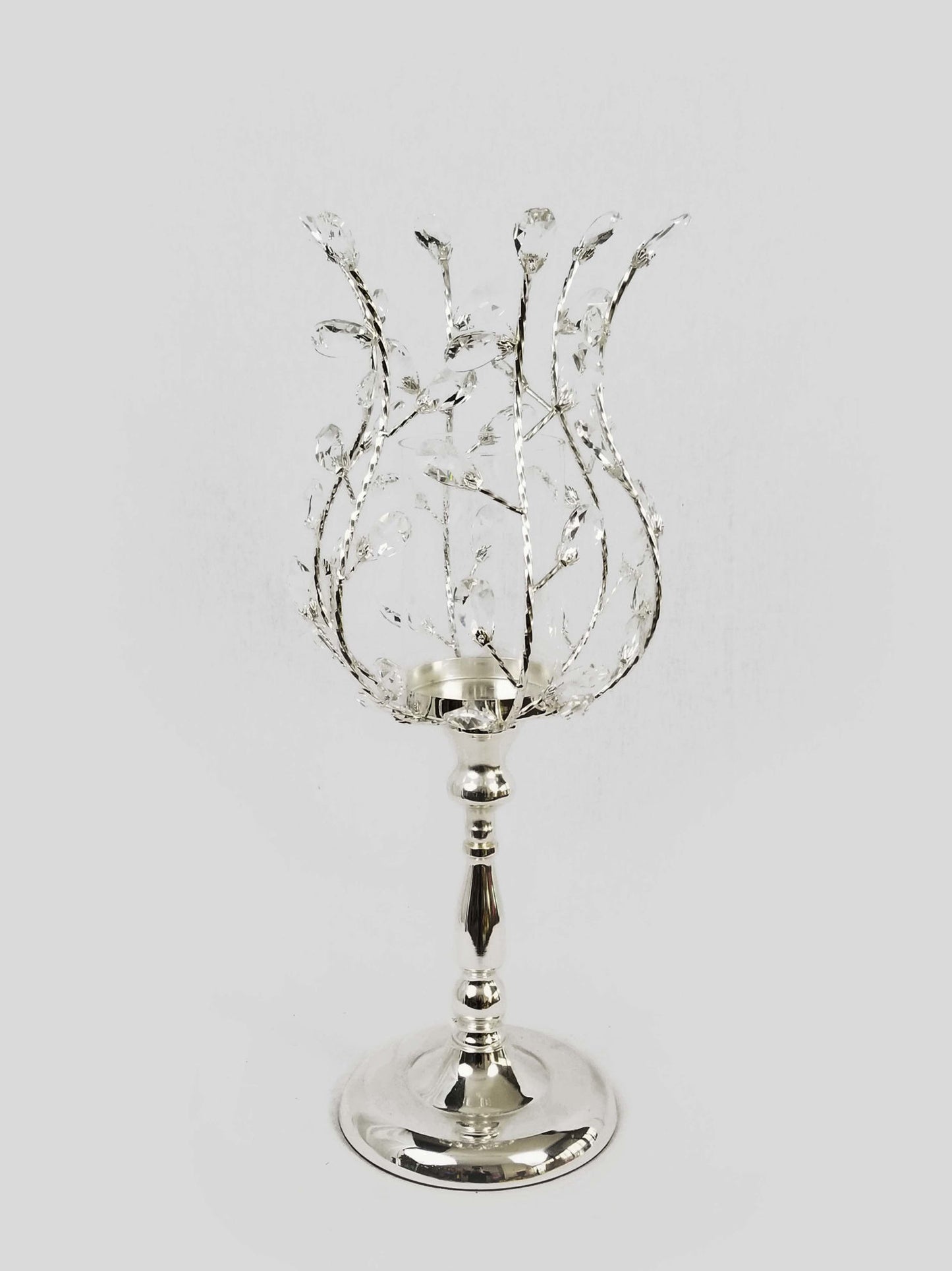 CH5439 SIlver - Candle Holder With Flower Crystal Design and Hurricane Glass Tube