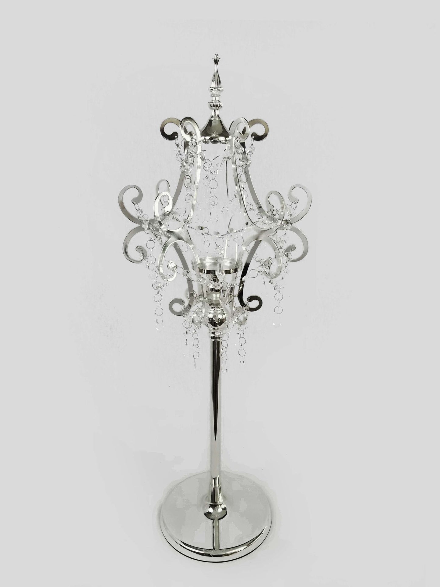 CH5458 Silver - Candle Holder With Pentagon Crystal Design and Hurricane Glass Tube