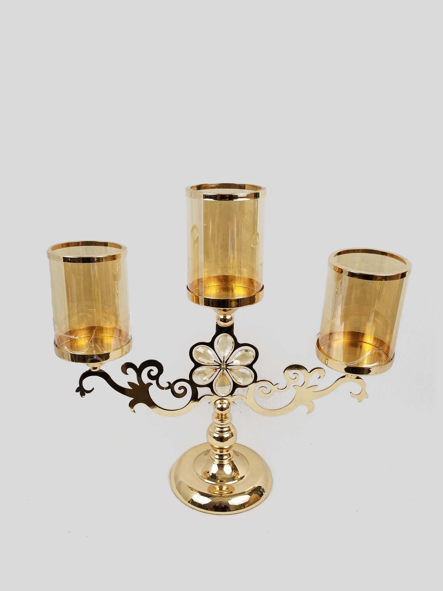 CH5440 Gold - Trio Hurricane Glass Candle Holder With Flower Crystal Design