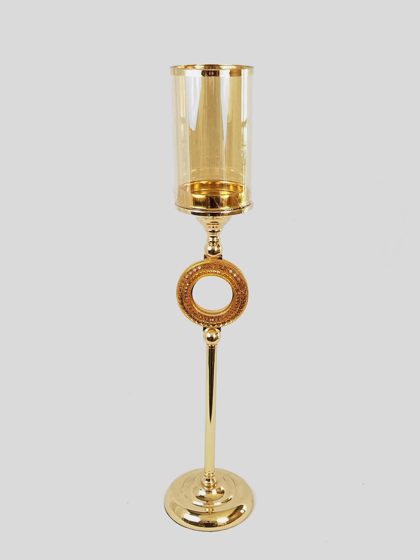 CH5465 Gold - Candle Holder With Circle Crystal Design and Hurricane Glass Tube