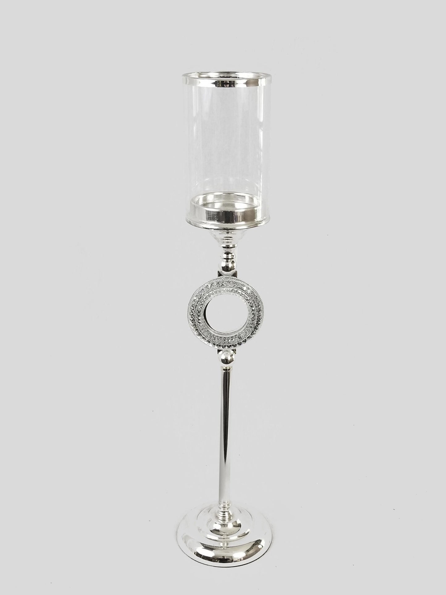 CH5466 Silver - Candle Holder With Circle Crystal Design and Hurricane Glass Tube