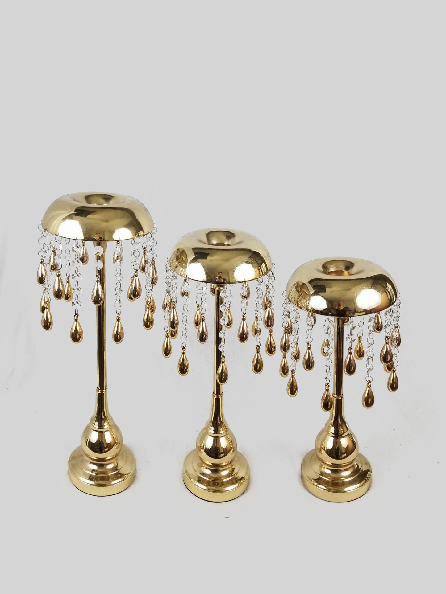 CH3215-7 Gold - Set of 3 Metal Candle Holder with hanging Crystal and Tear Drop Pendant