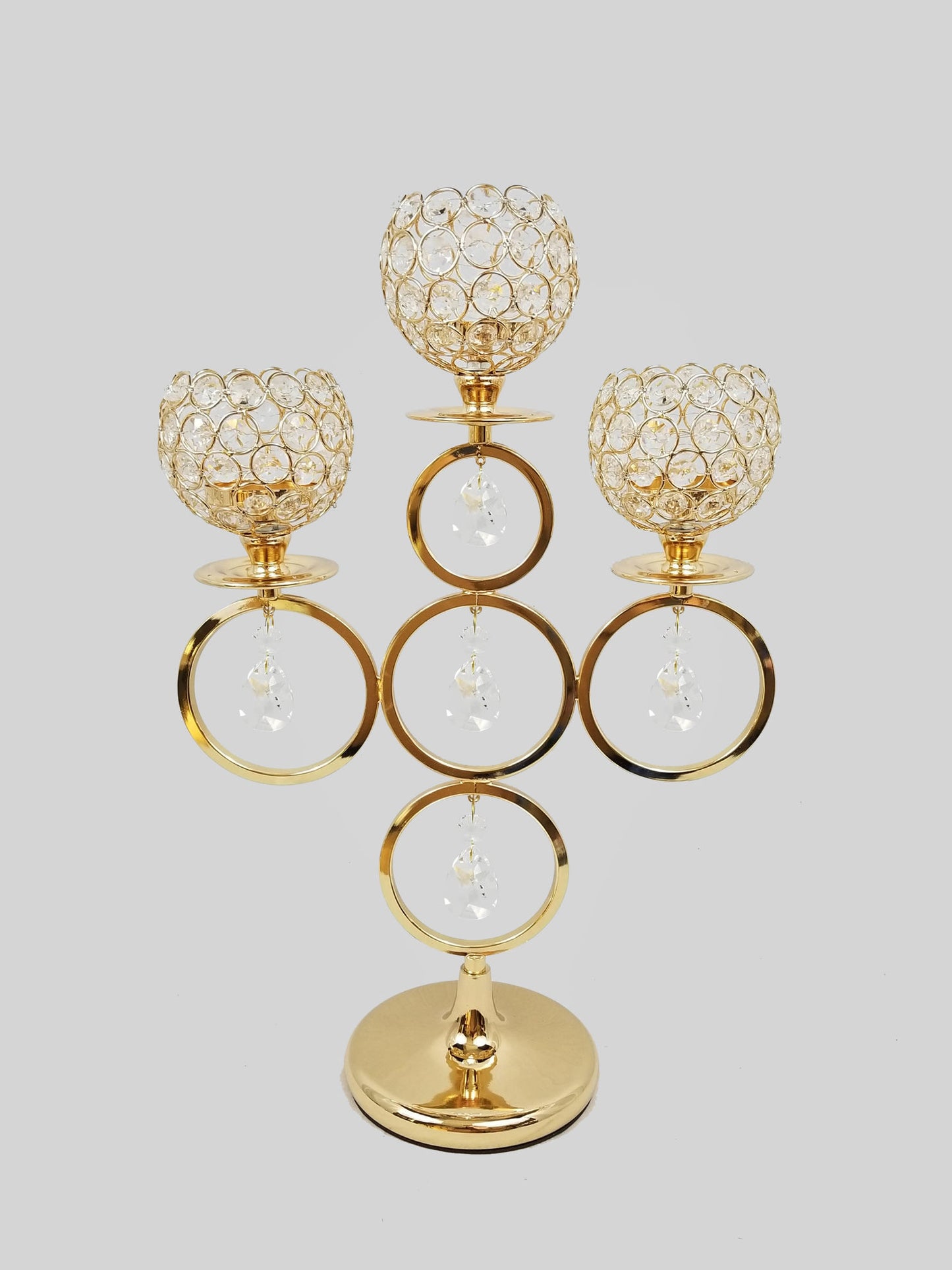 CCH0385 Gold - Gold 3 Arm Candle Holder with Crystal and Hoops Design 29"