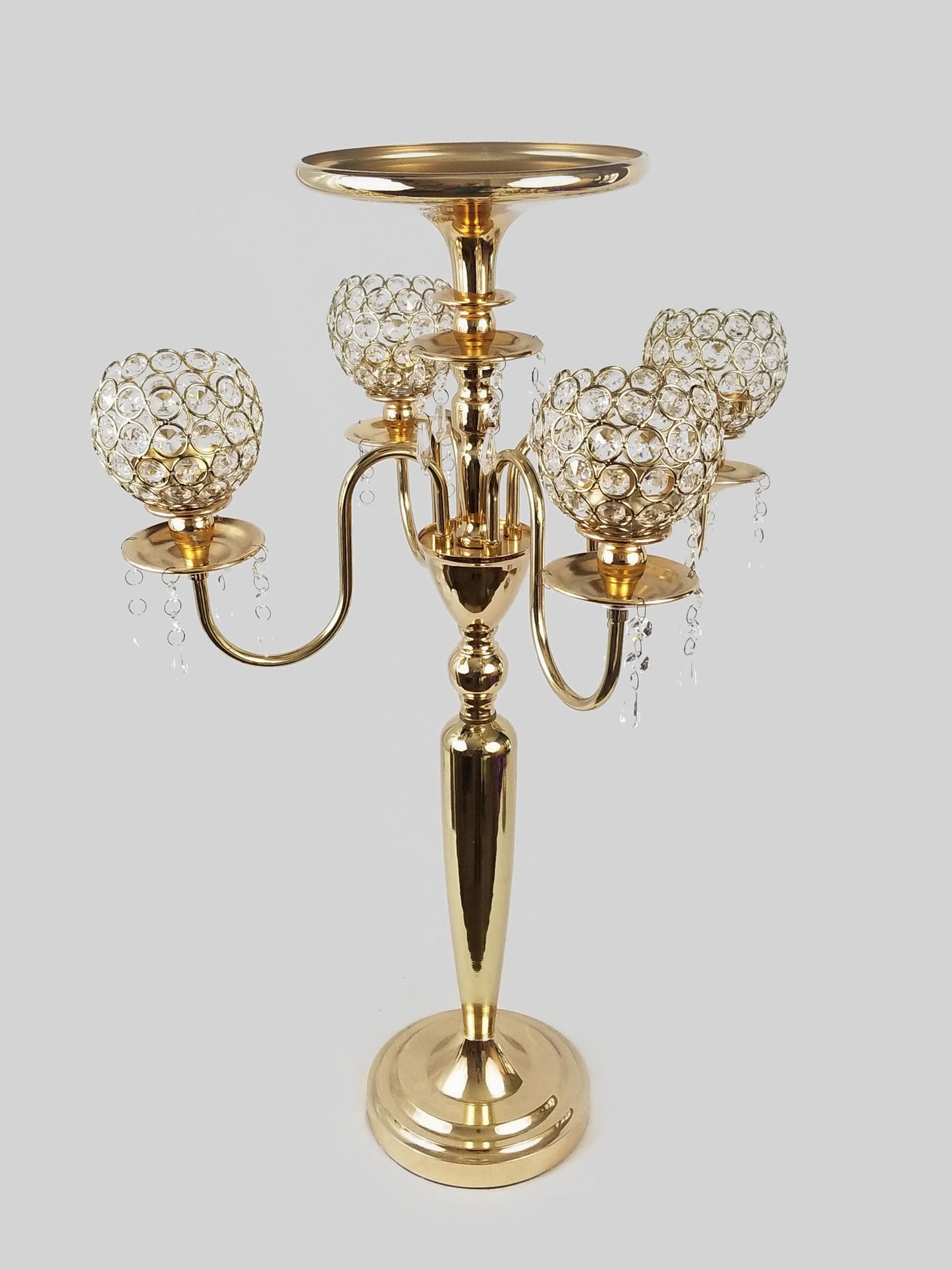 HX572 - Gold Metal Candelabra with 4 Goblet Crystal Votive Arms and 1 Flower Riser 29"