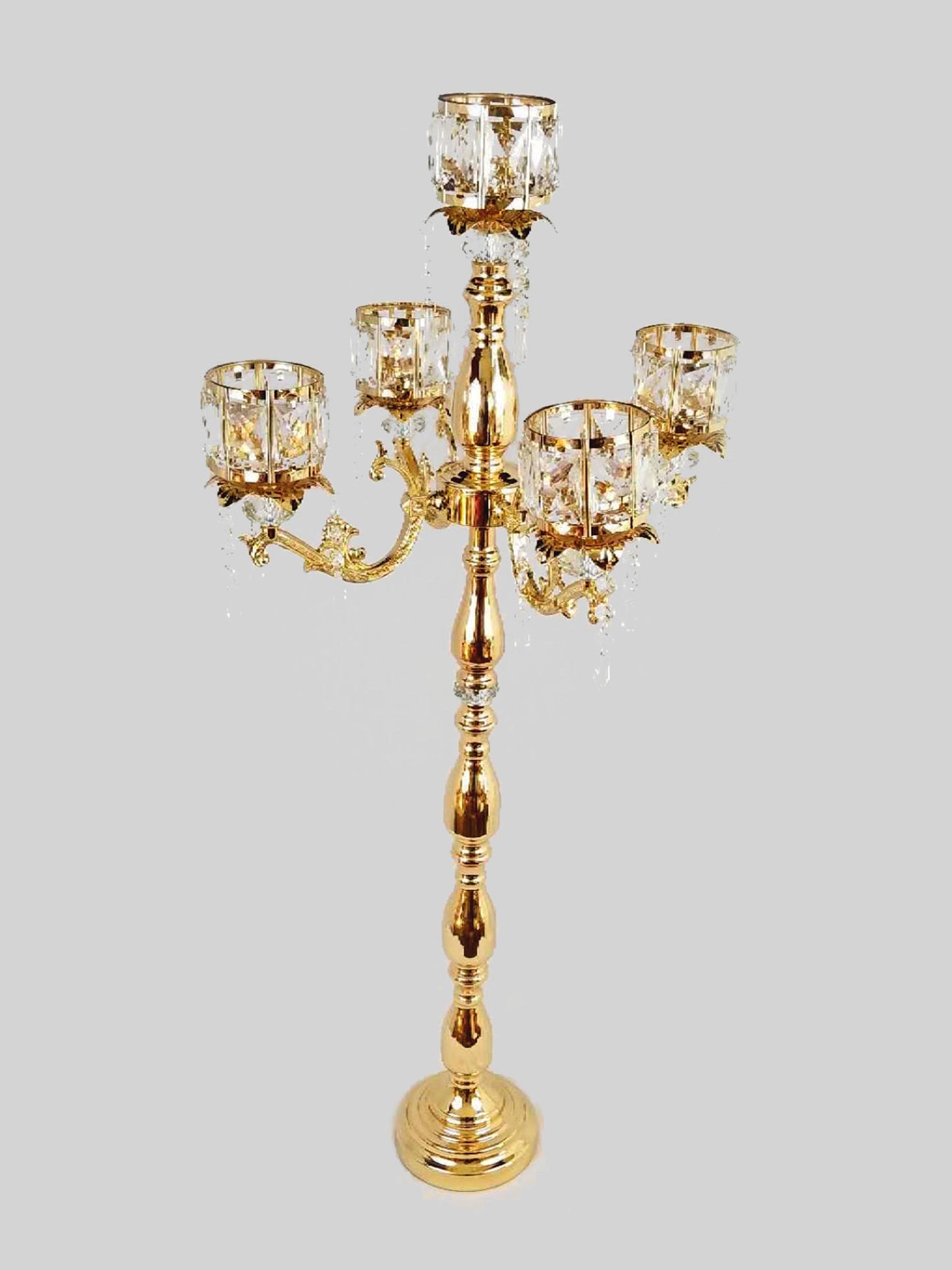 SH1287150 Gold - Tall Metal Candelabra 4 Crystal Arms and 1 Crystal Flower Riser 40"