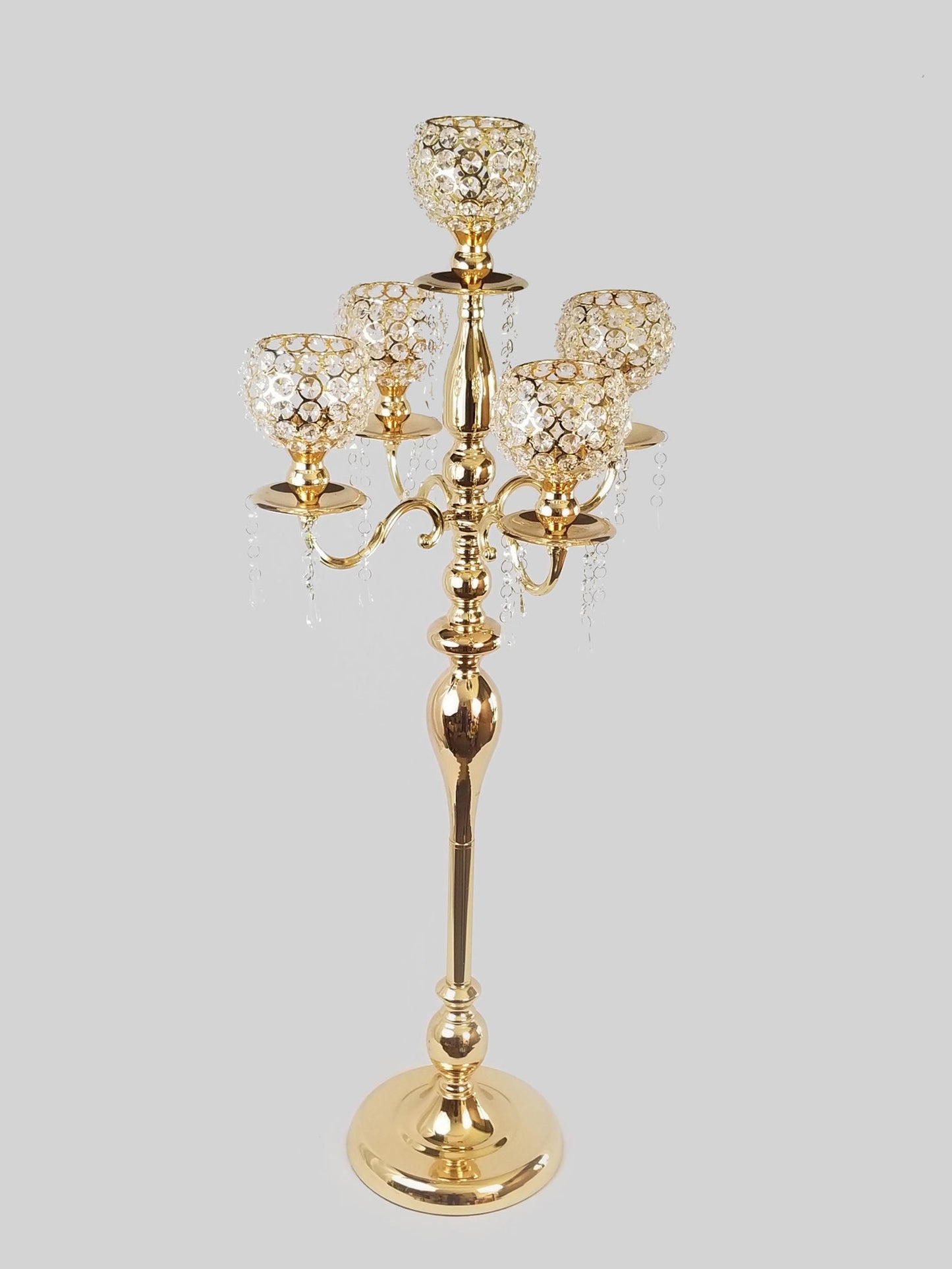 CH5435 GD - Gold Tall 5 Arm Gold Crystal Beaded Globe Metal Candelabra Candle Holder Set