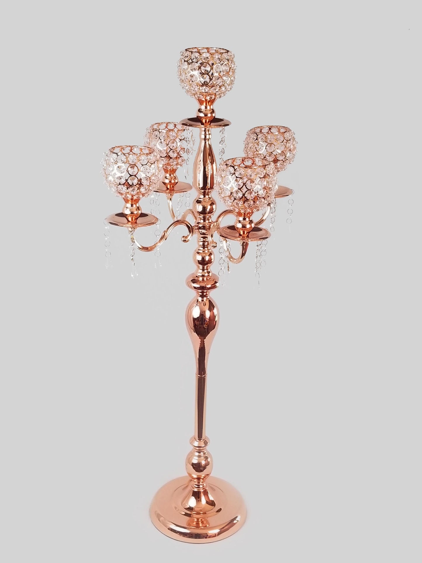 CH5437 RGD - Rose Gold Tall 5 Arm Gold Crystal Beaded Globe Metal Candelabra Candle Holder Set 40"
