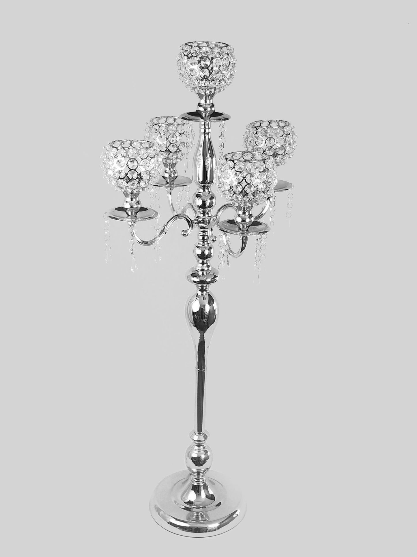 CH5436 SL - Silver Tall 5 Arm Gold Crystal Beaded Globe Metal Candelabra Candle Holder Set
