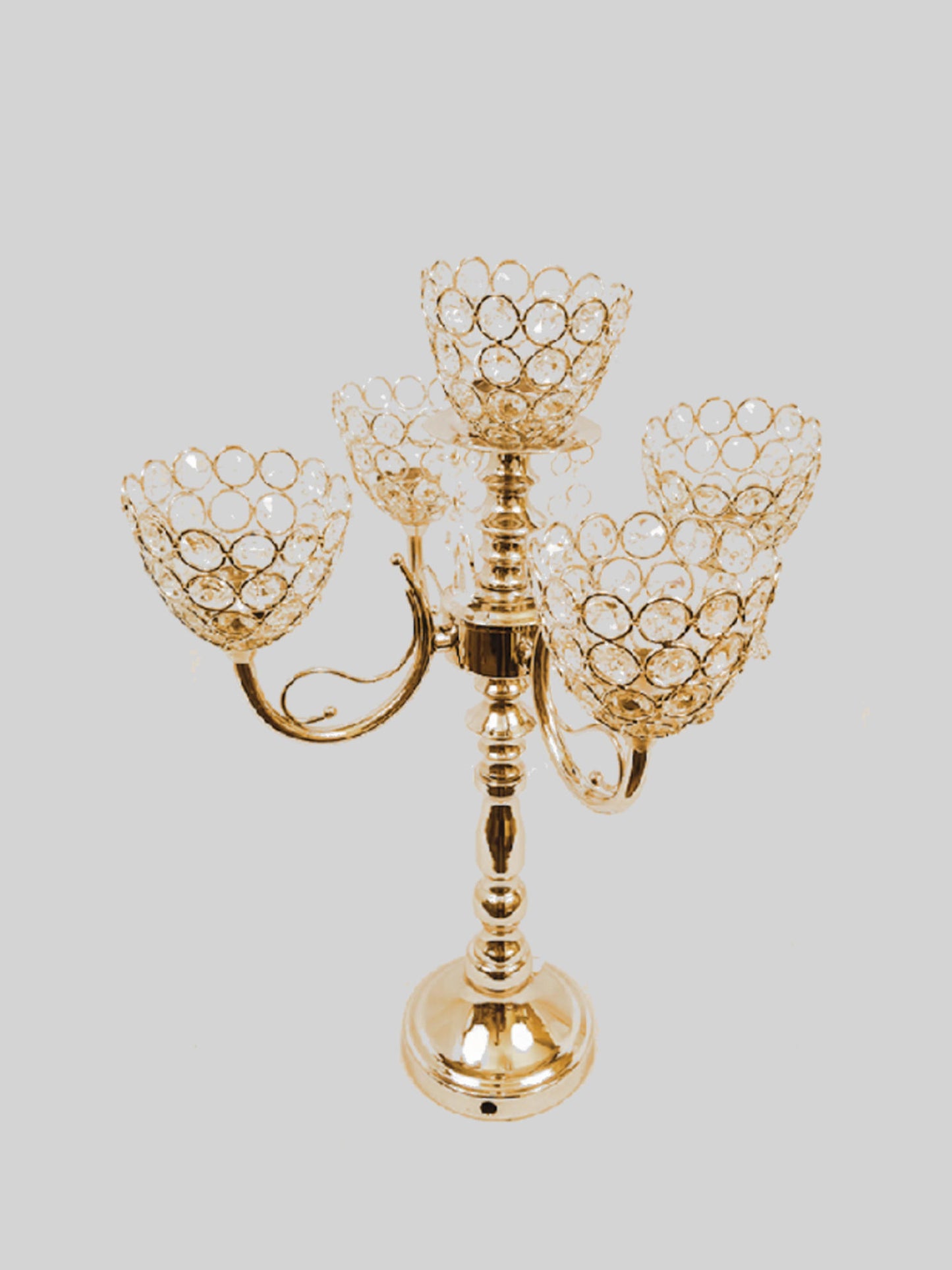 CH092 - 5 Arm Gold Crystal Beaded Globe Metal Candelabra Candle Holder 17"