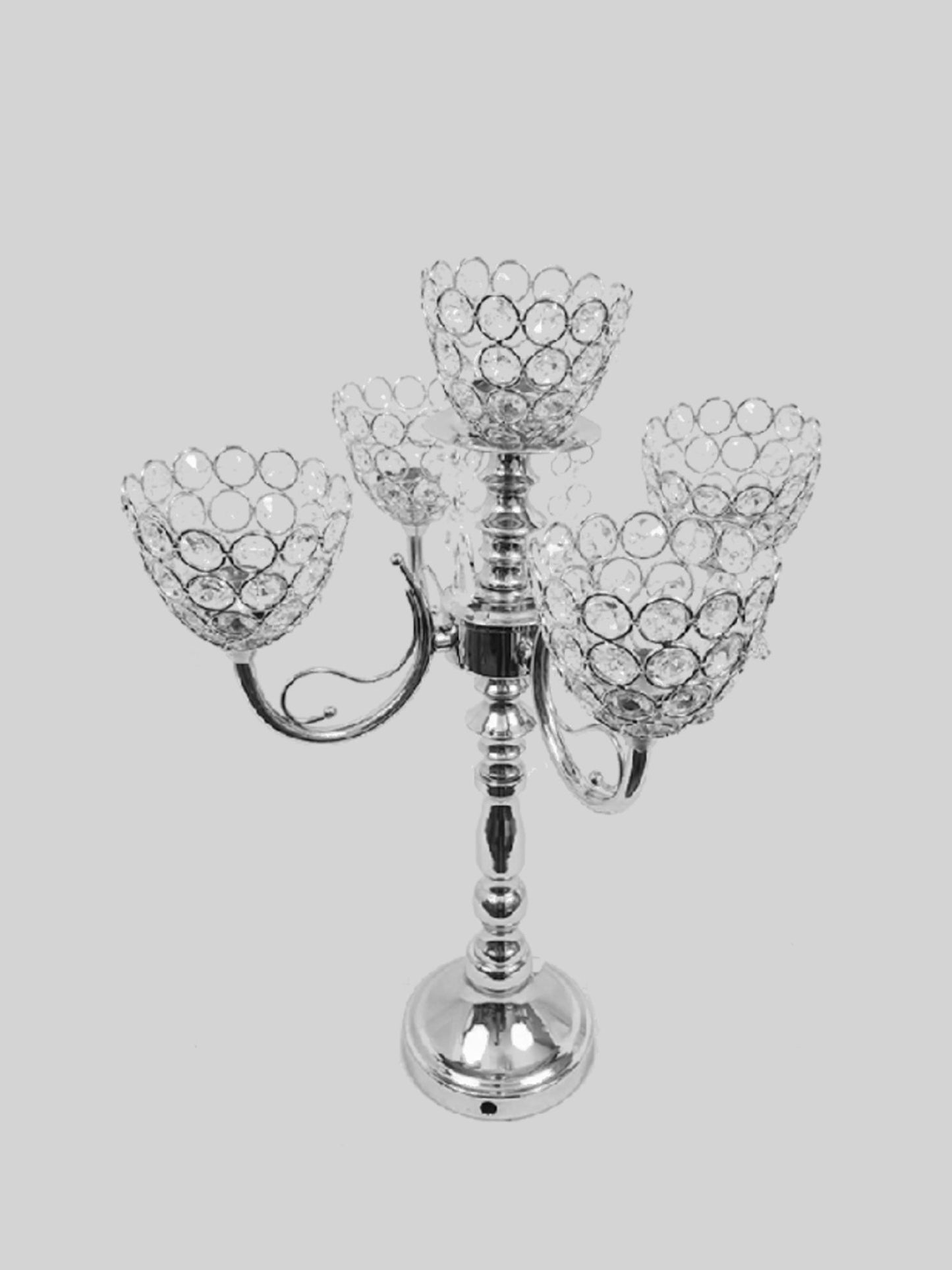 CH092 - 5 Arm Gold Crystal Beaded Globe Metal Candelabra Candle Holder 17"