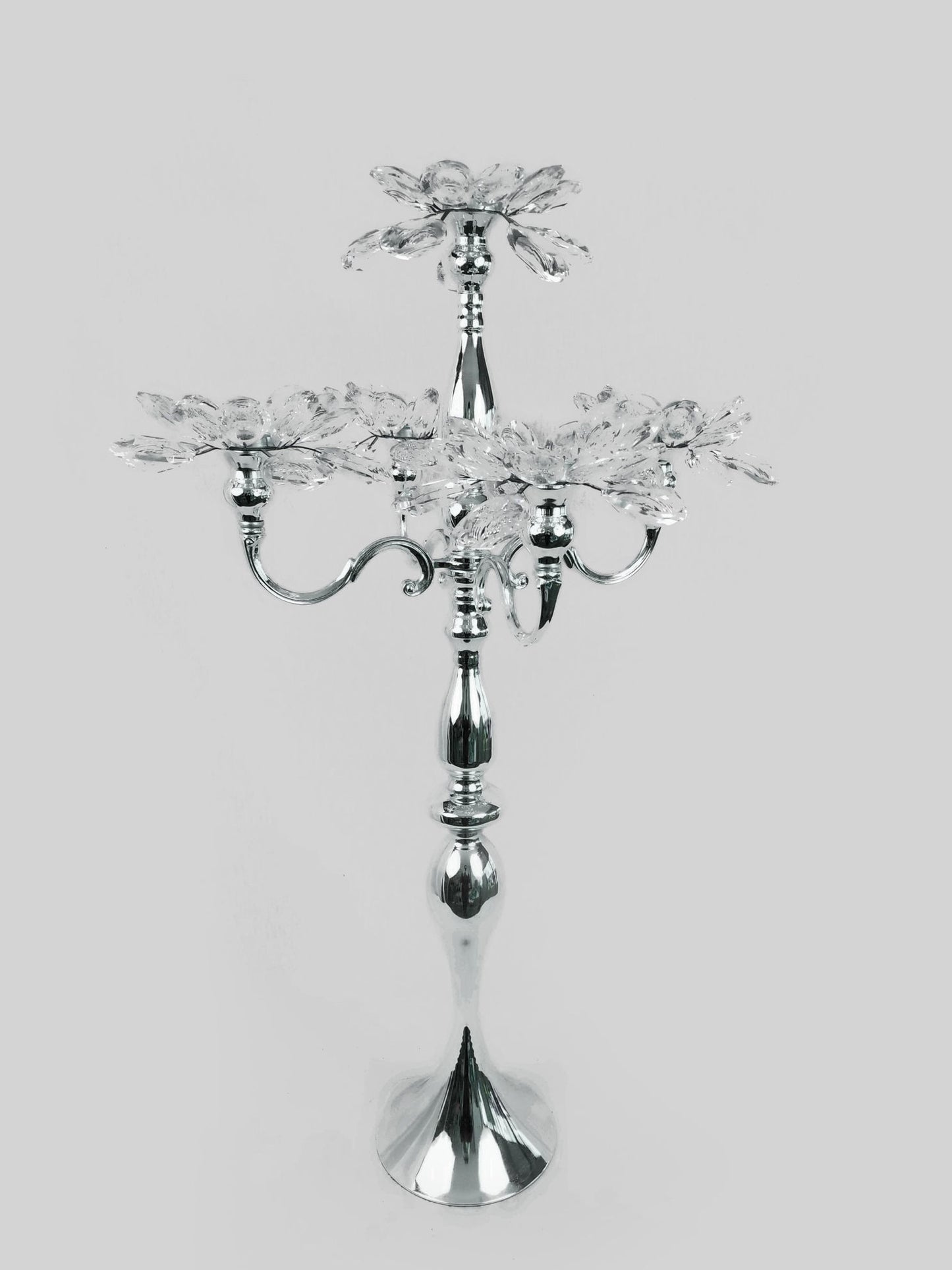 CH5455 Silver - Tall 5 Arm Gold Crystal Flower Head Metal Candelabra Candle Holder