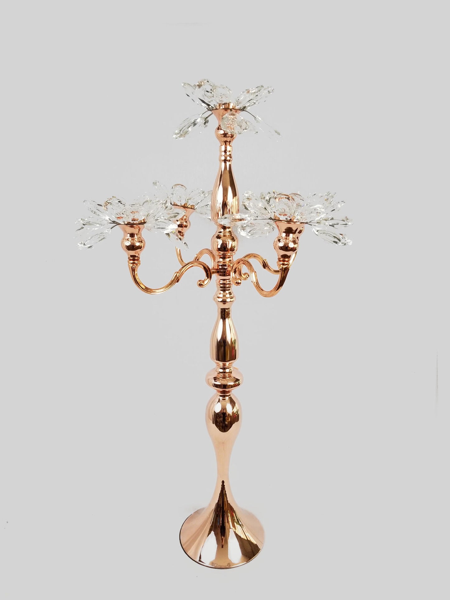 CH5456 Rose Gold - Tall 5 Arm Gold Crystal Flower Head Metal Candelabra Candle Holder