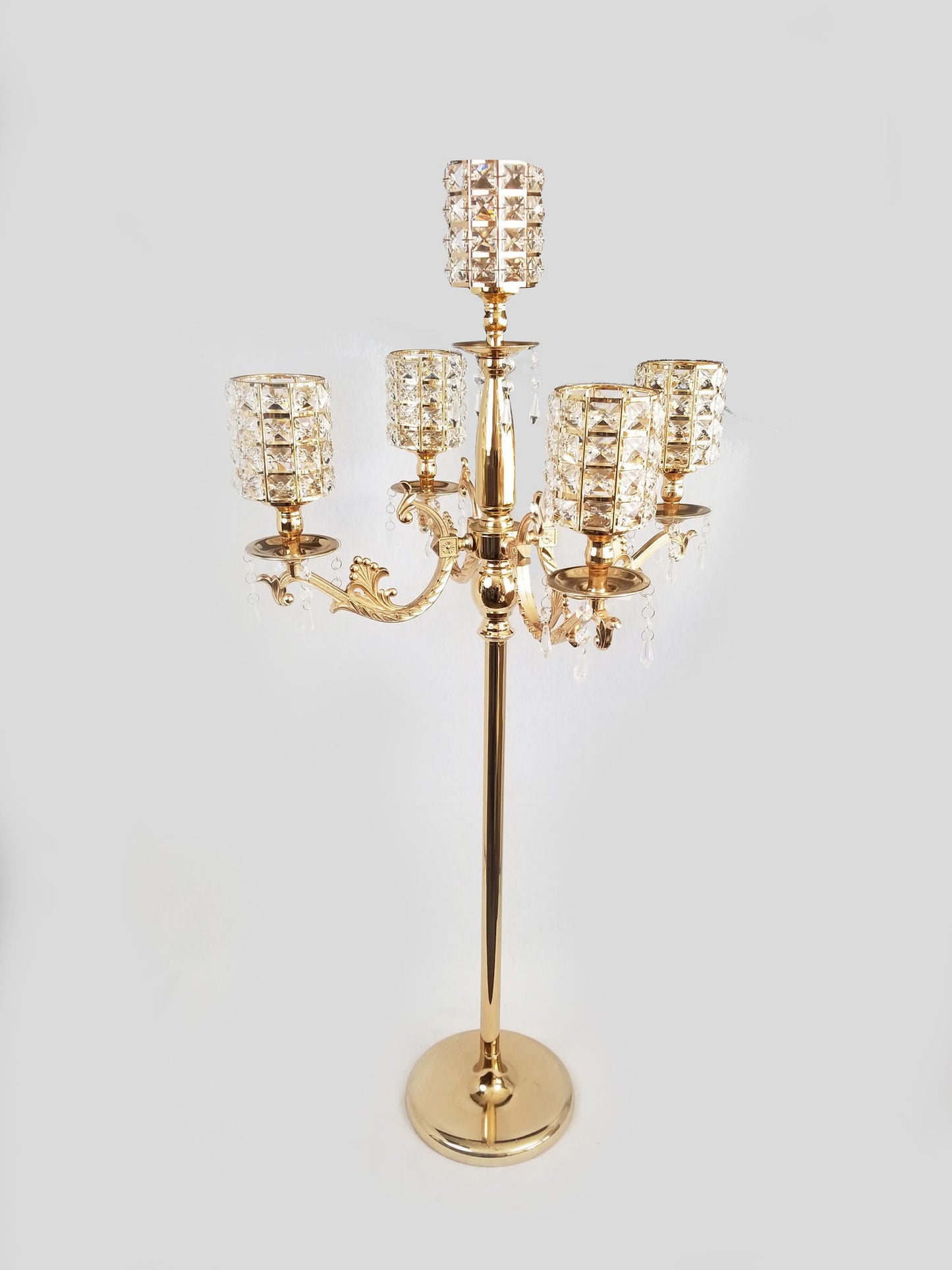 7026 - Tall 5 Arm Crystal Beaded Globe Metal Candelabra Candle Holder