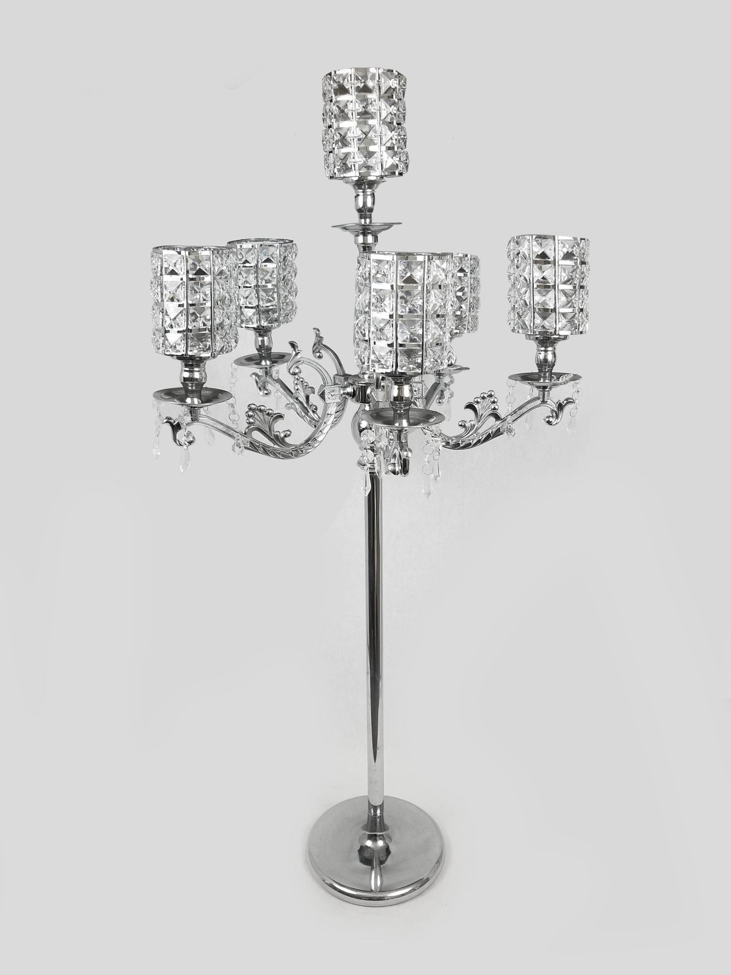 7026 - Tall 5 Arm Crystal Beaded Globe Metal Candelabra Candle Holder