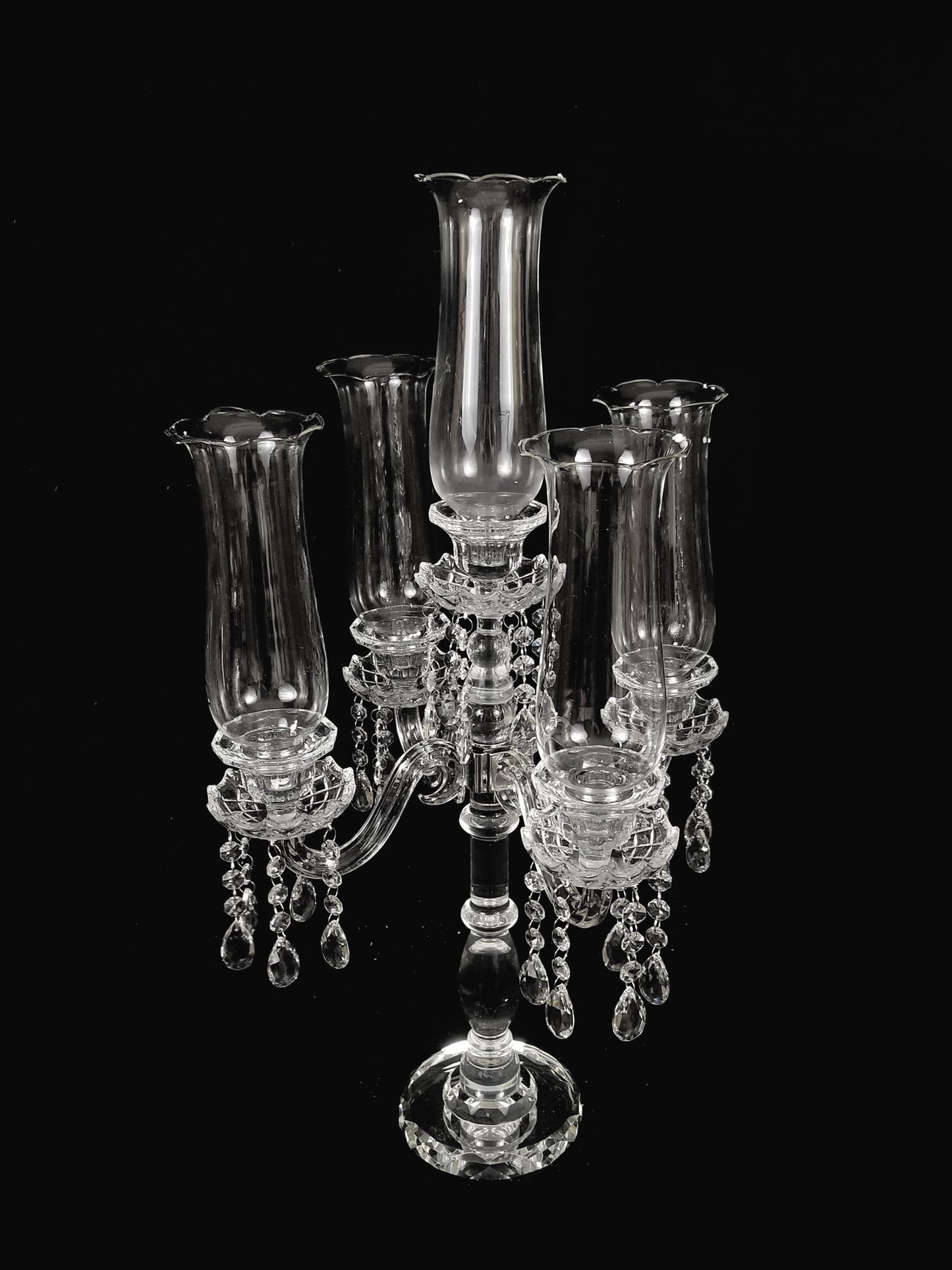 CCH0554 - Tall 5 Arm Premium Gem Cut with Hurricane Taper Crystal Glass Candle Holder 28"
