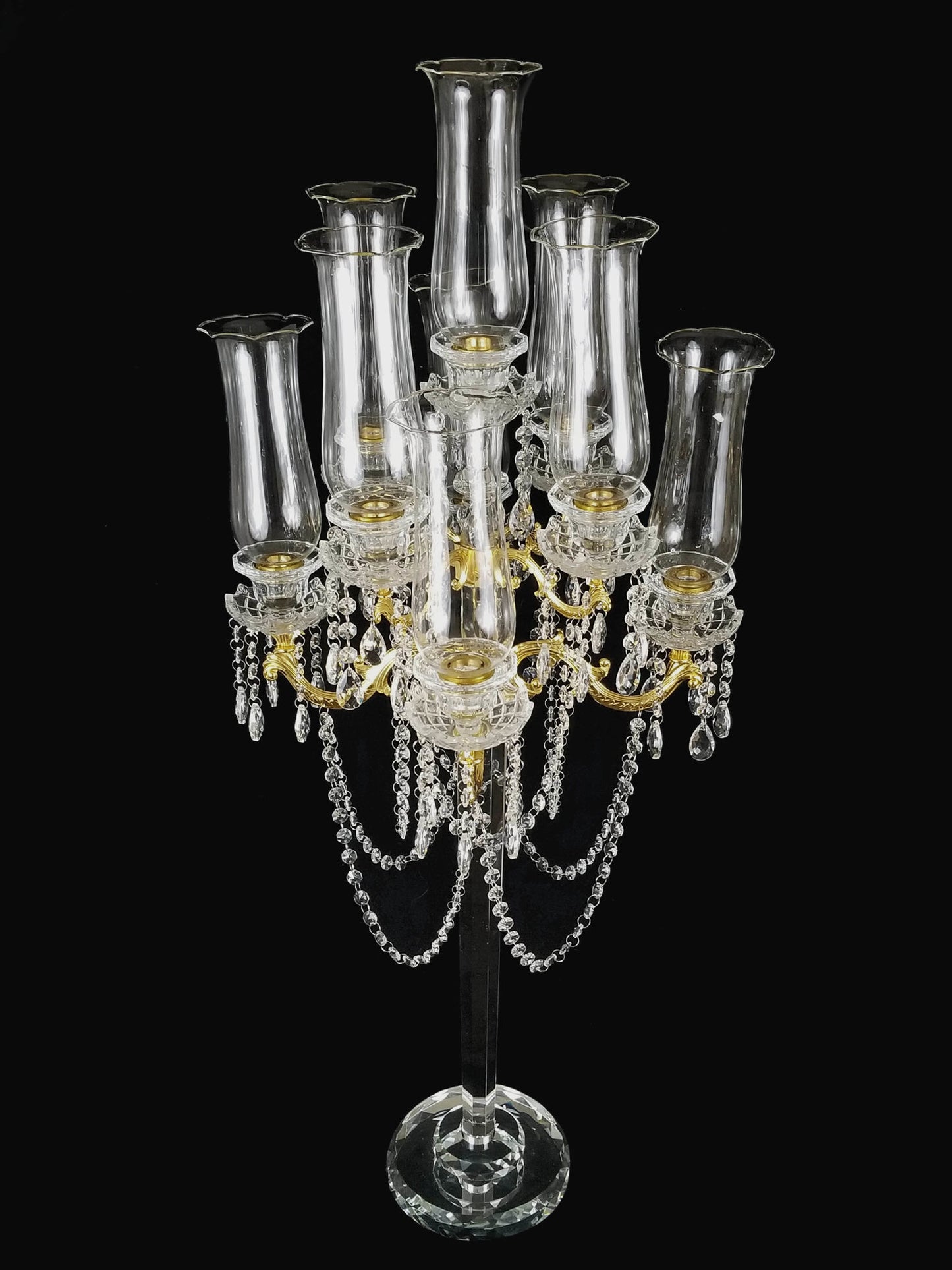 CCH0736-9 - Tall 9 Arm Premium Gem Cut with Hurricane Taper Crystal Glass Candle Holder 44"