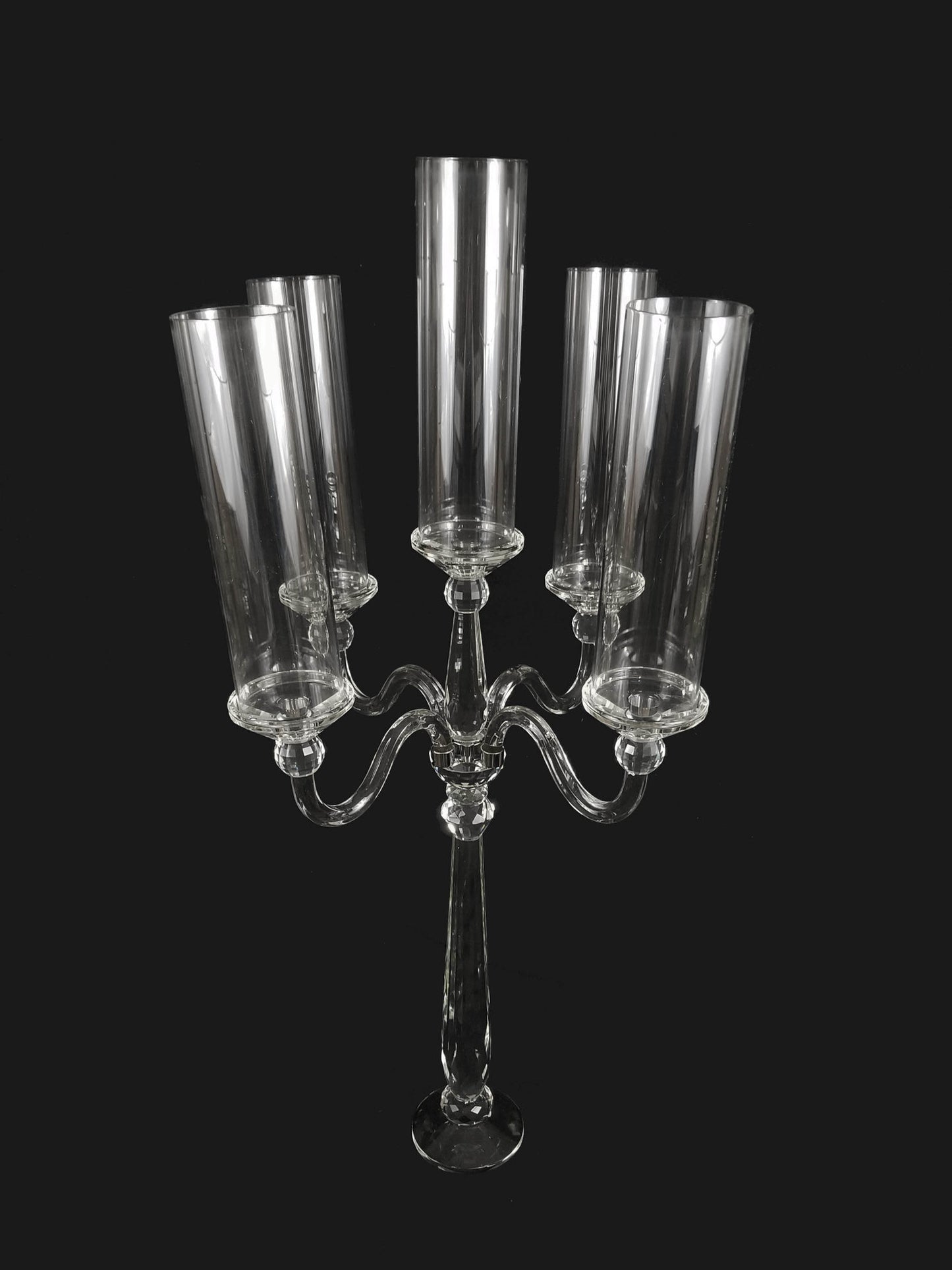 CCH8112 - Tall 5 Arm Premium Gem Cut with Hurricane Tube Crystal Glass Candle Holder 40"